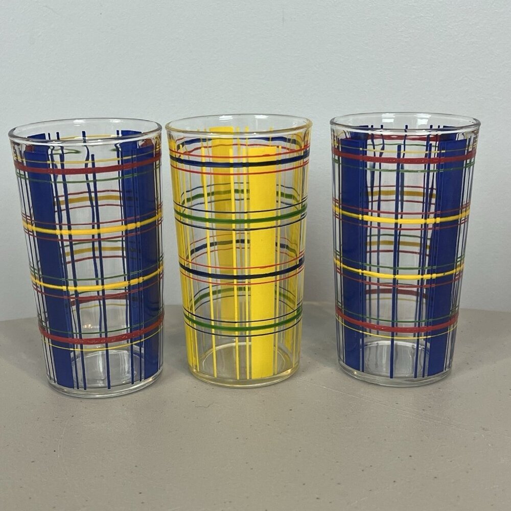 3 Mid Century Striped Plaid Drinking Glasses 5" Tall Blue Yellow Red